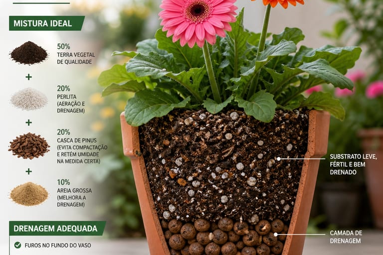 Vaso de gerbera em substrato bem drenado, mostrando a mistura de solo.