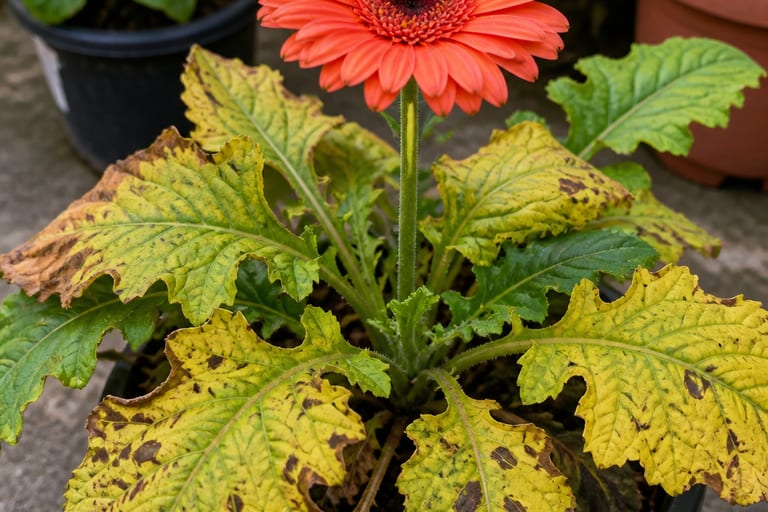 Uma gerbera com folhas amareladas e manchas, mostrando um problema comum de cultivo.