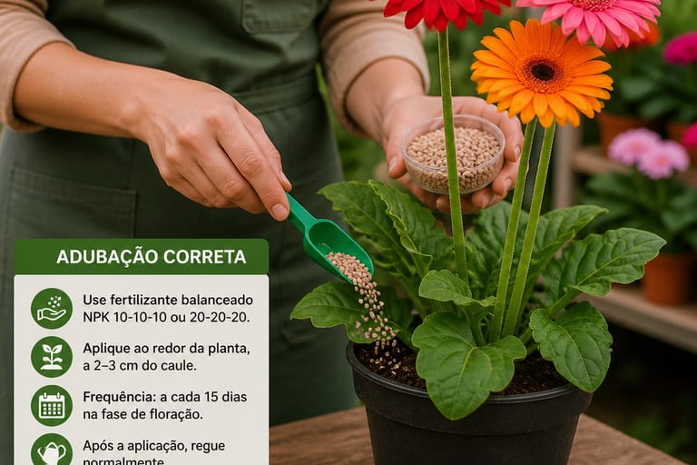 Imagem mostrando fertilizante sendo aplicado em uma gerbera.
