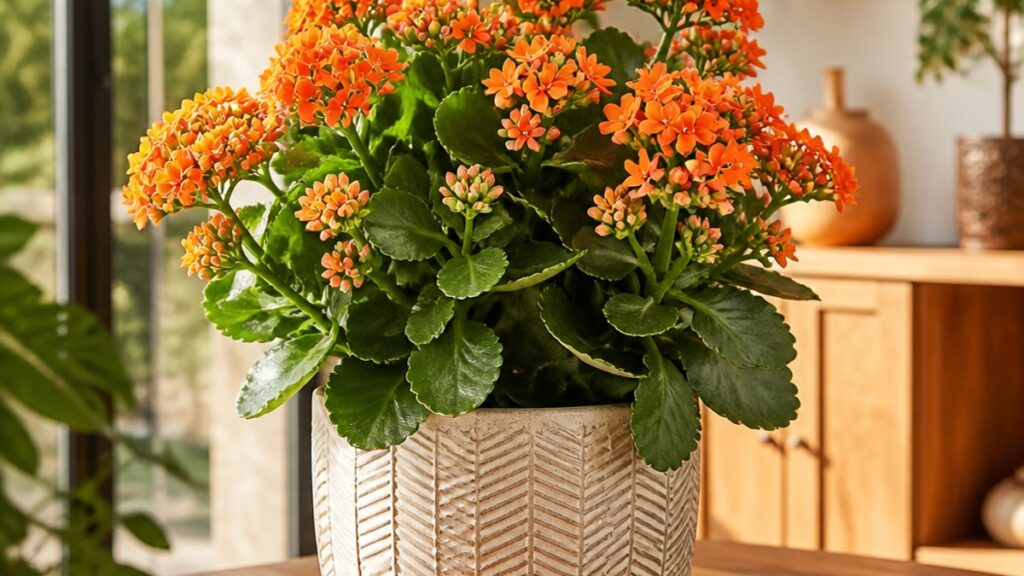 Imagem de um kalanchoe saudável com flores vibrantes e folhas suculentas em um vaso decorativo.