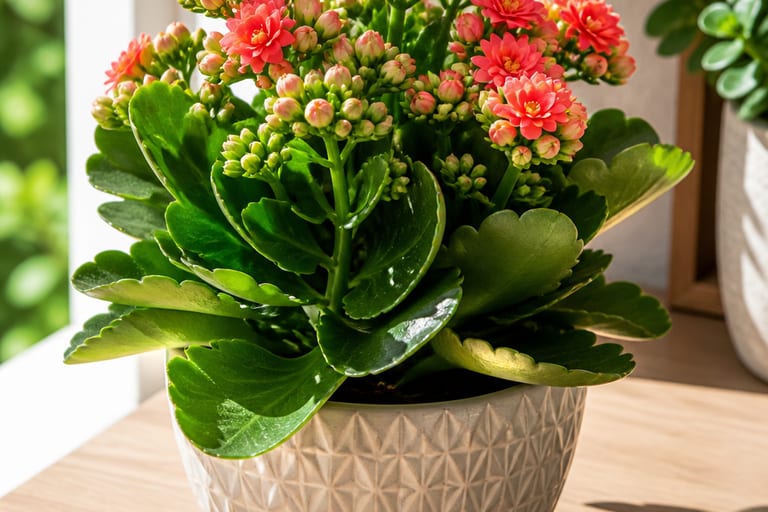 Kalanchoe em vaso decorativo, com folhas verdes saudáveis.