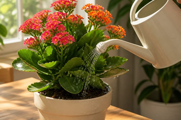 Um regador molha uma planta Kalanchoe em um ambiente iluminado.