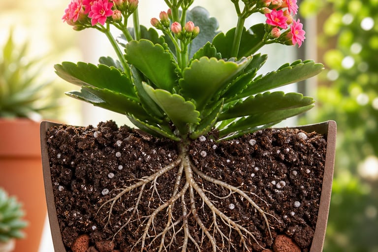 Vaso de Kalanchoe com substrato bem drenado e raízes visíveis.