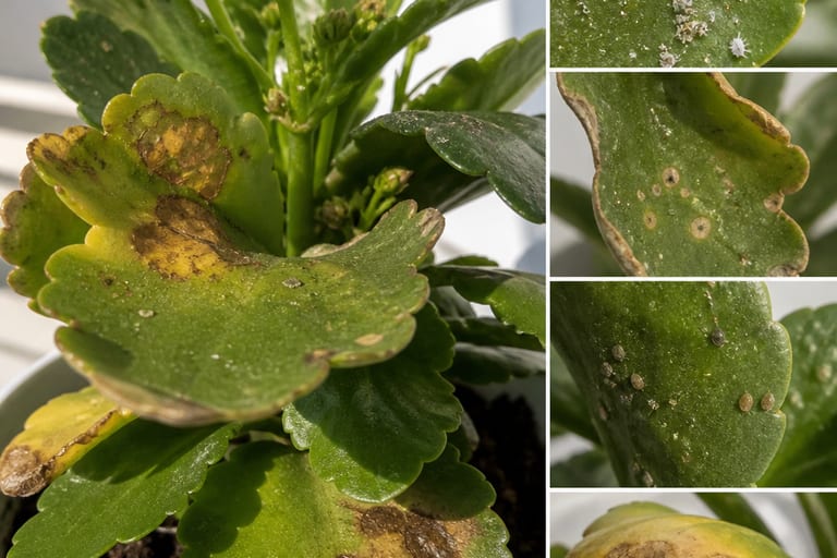 Imagem de folhas de Kalanchoe com sinais de pragas e danos.