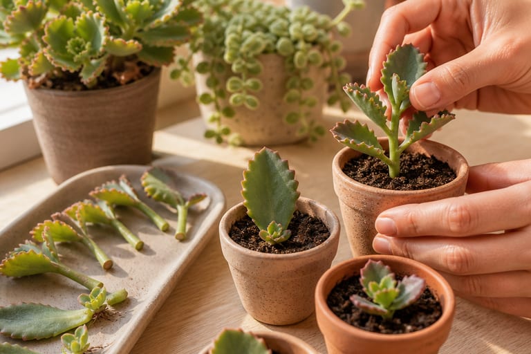Estacas e folhas de Kalanchoe plantadas em pequenos vasos.