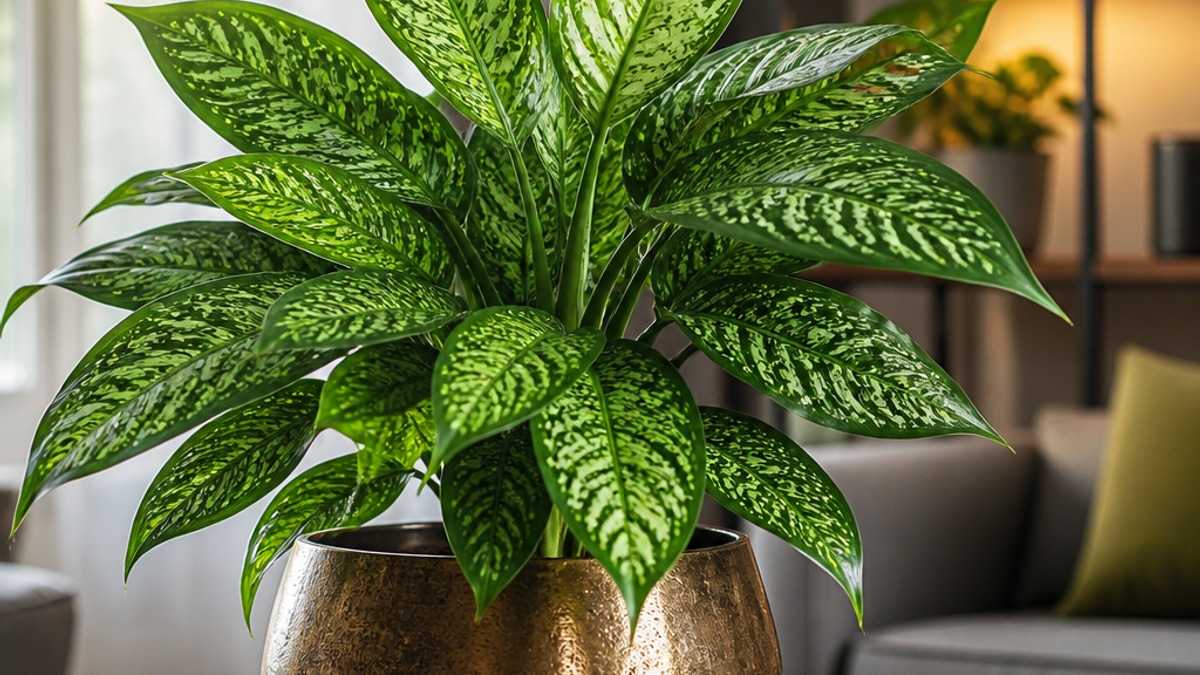 Imagem de uma Comigo-Ninguém-Pode em vaso decorativo, com luz natural suave e folhas saudáveis em um ambiente de apartamento.