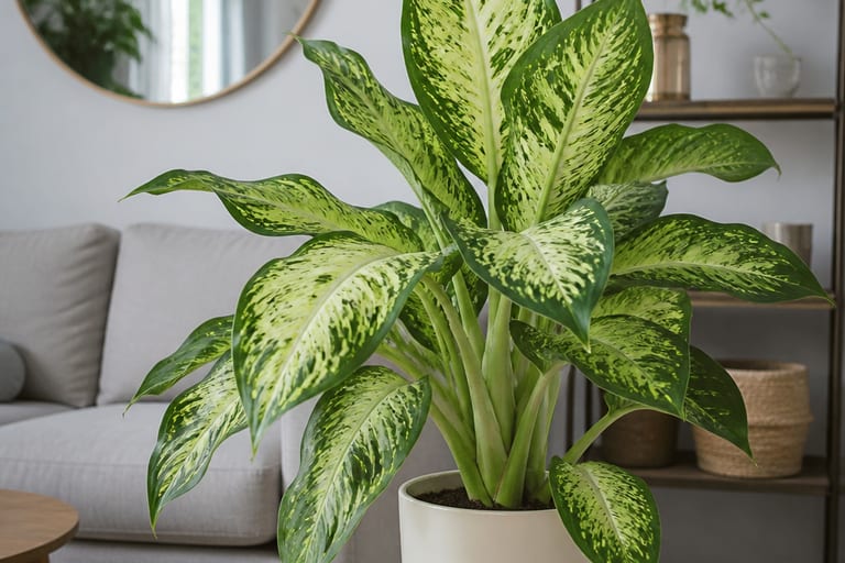 Imagem de uma Dieffenbachia em um ambiente de apartamento com luz natural suave.