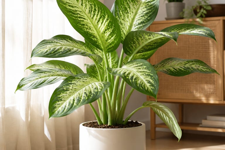 Imagem de uma Dieffenbachia em ambiente iluminado por luz natural suave.