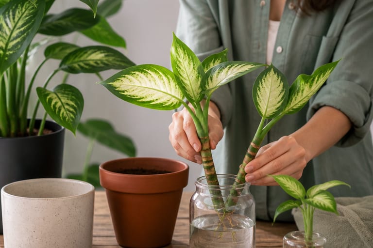 Imagem de uma Dieffenbachia em ambiente de apartamento, com luz natural suave, ilustrando o processo de propagação da planta.