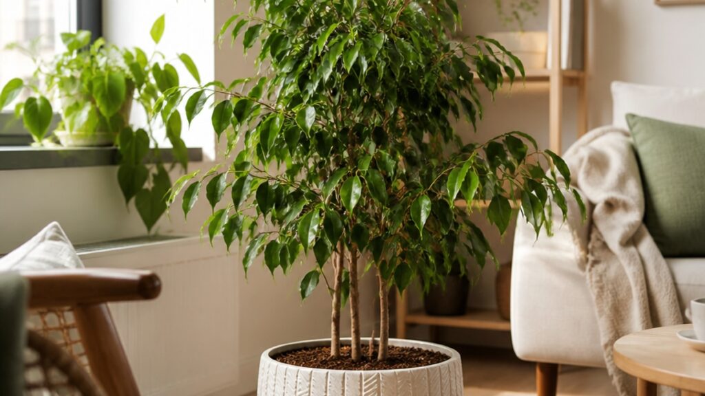 Imagem de um Ficus Benjamina em vaso decorativo, com folhas saudáveis, iluminado por luz natural suave.