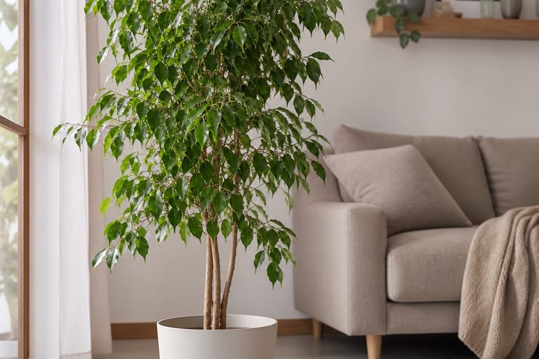 Imagem de um Ficus Benjamina em ambiente interno com luz natural suave.