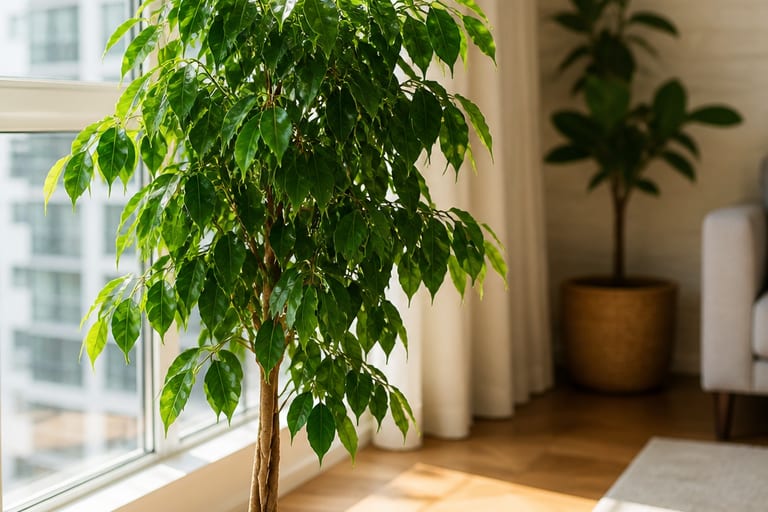 Imagem de um Ficus Benjamina em ambiente de apartamento, recebendo luz natural suave.