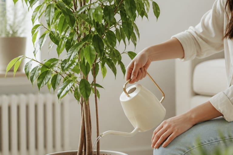 Imagem de um Ficus Benjamina em ambiente de apartamento, com solo visivelmente úmido, sob luz natural suave.