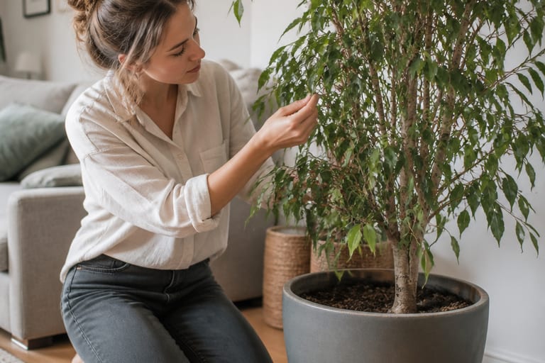 Imagem de um Ficus Benjamina em ambiente de apartamento, com folhas verdes e saudáveis, sob luz natural suave.
