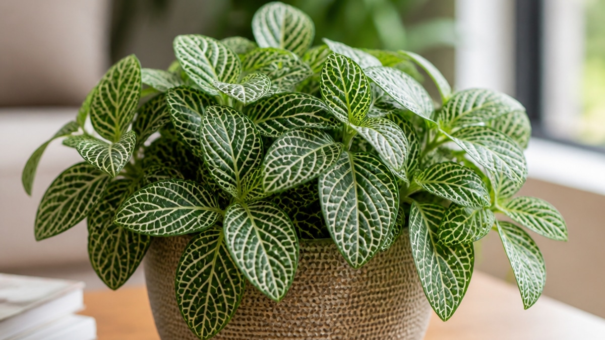 Imagem de uma Fittonia planta-mosaico em vaso decorativo, com folhas saudáveis, em um ambiente iluminado por luz natural.