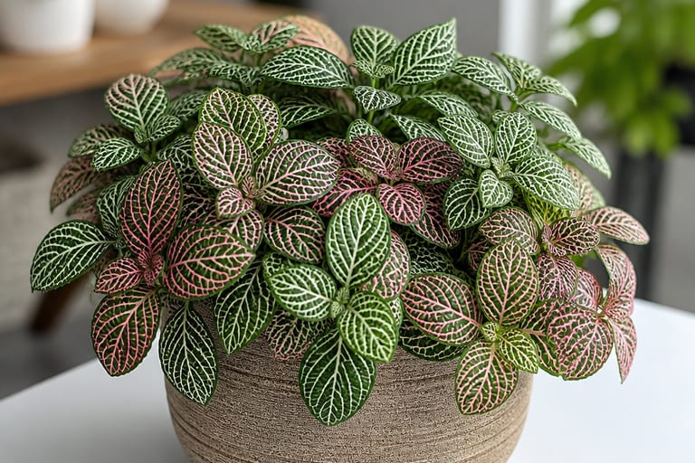 Imagem de uma Fittonia planta-mosaico em ambiente de apartamento, com luz natural suave.