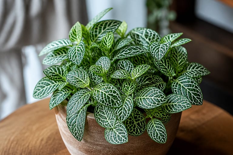 Imagem de uma Fittonia em ambiente de apartamento, recebendo luz natural suave.