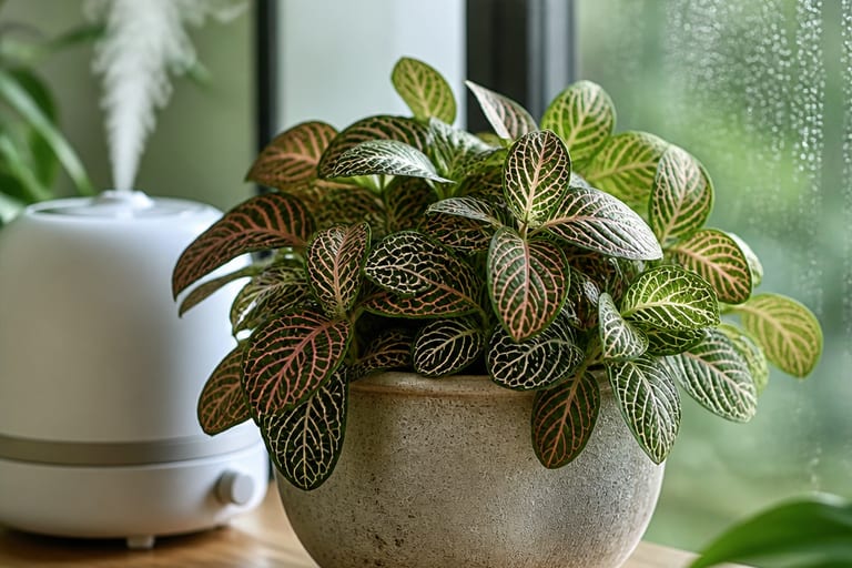Imagem de uma Fittonia planta-mosaico em ambiente interno, destacando suas folhas coloridas e texturizadas.