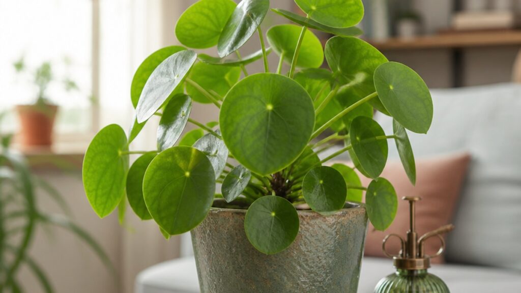 Imagem de uma Pilea Peperomioides em vaso decorativo, com folhas saudáveis, iluminada por luz natural suave.