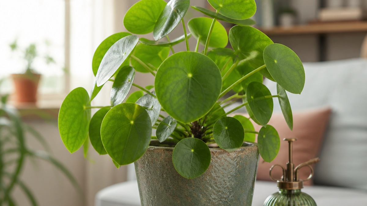 Imagem de uma Pilea Peperomioides em vaso decorativo, com folhas saudáveis, iluminada por luz natural suave.