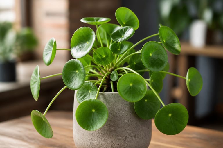 Imagem de uma Pilea Peperomioides em um ambiente de apartamento, recebendo luz natural suave.