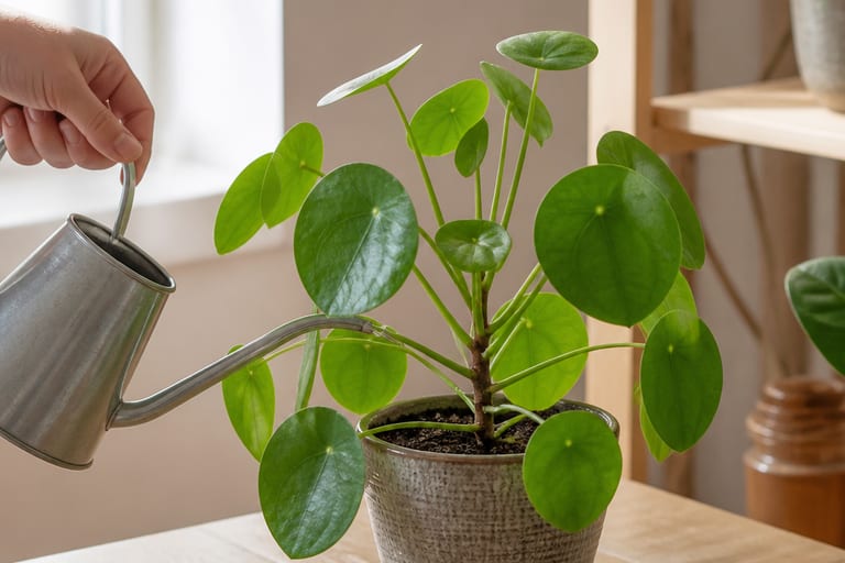 Imagem de uma Pilea Peperomioides em um apartamento, destacando o solo seco ao redor da planta.