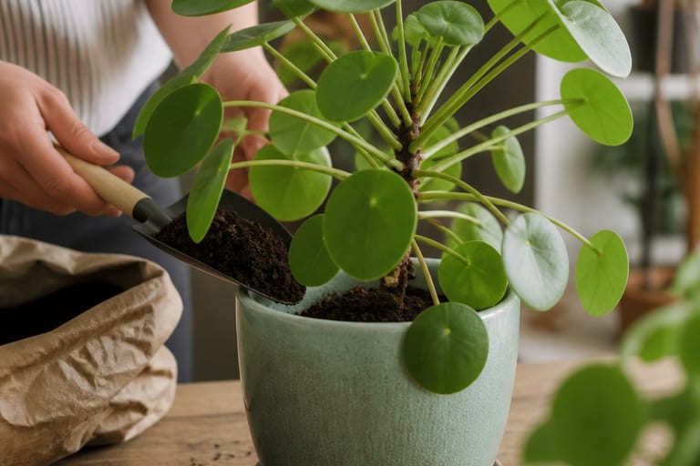 Imagem de Pilea Peperomioides em vaso com substrato bem drenado.