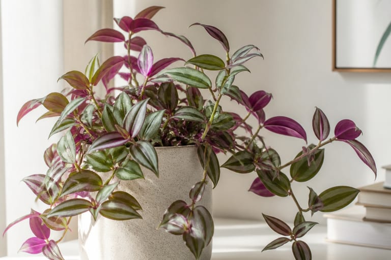 Imagem de Tradescantia zebrina em ambiente iluminado por luz natural suave.