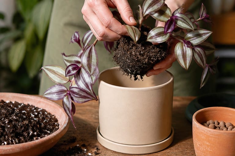 Imagem de Tradescantia zebrina em vaso, mostrando o substrato leve e aerado.