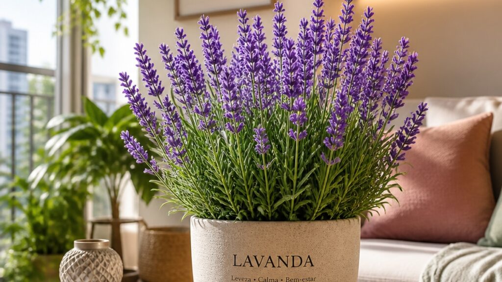 Vaso de lavanda vibrante em um apartamento decorado.