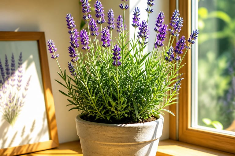 Uma planta de lavanda em vaso recebendo luz solar direta.