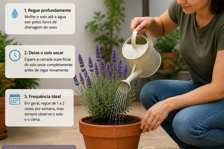Uma pessoa regando um vaso de lavanda com cuidado.