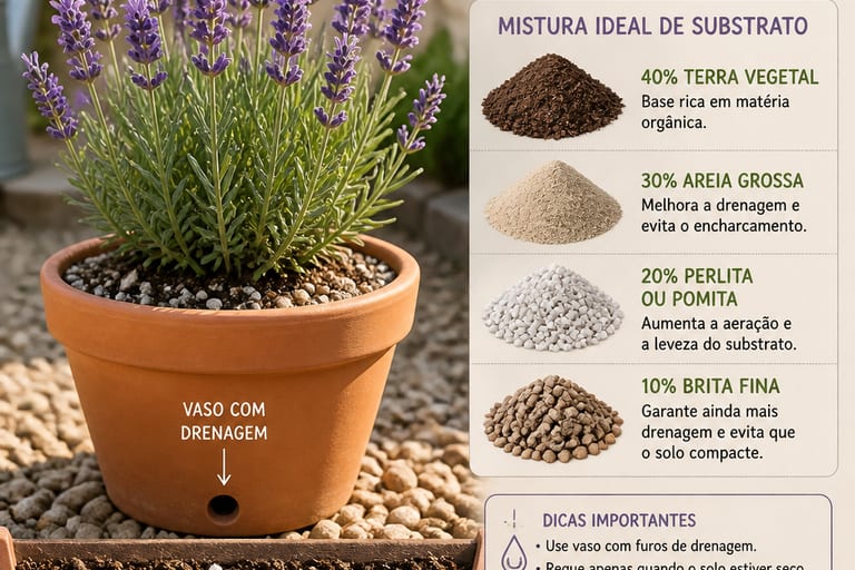 Vaso de lavanda em substrato bem drenado, mostrando a mistura de solo.