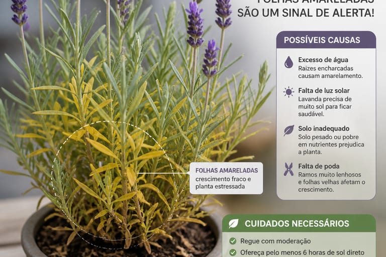 Imagem de uma planta de lavanda com folhas amareladas, indicando problemas de cuidado.