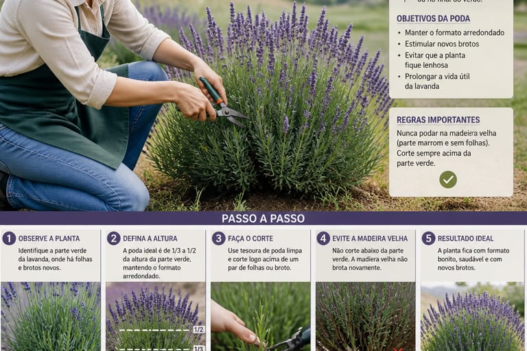 Uma pessoa podando uma planta de lavanda, focando na técnica de poda.