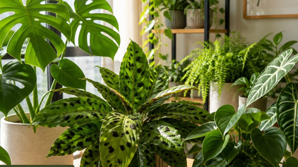 Imagem de várias plantas em um ambiente iluminado, com foco em folhas saudáveis e algumas com manchas pretas.