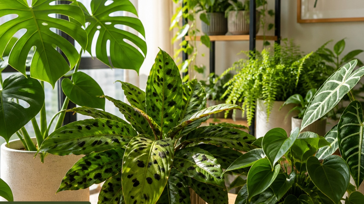 Imagem de várias plantas em um ambiente iluminado, com foco em folhas saudáveis e algumas com manchas pretas.