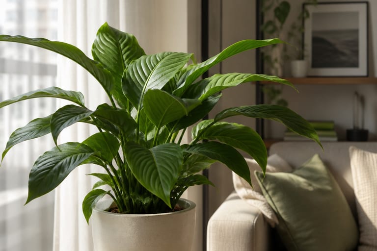 Planta em apartamento com folhas verdes e saudáveis recebendo luz indireta.
