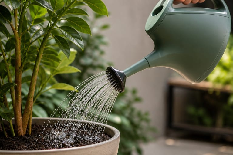 Um regador prático aplicando água ao solo de uma planta.