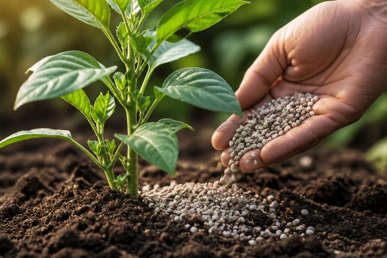Imagem de fertilizante sendo aplicado em uma planta.
