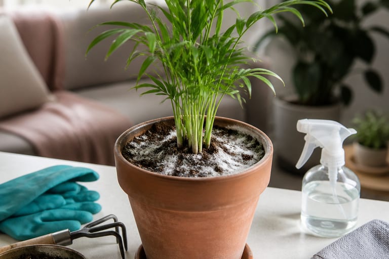 Imagem mostrando mofo na superfície do solo de uma planta em um ambiente interno.