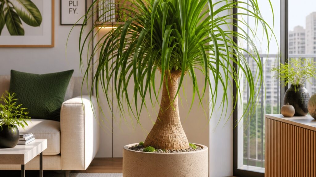 Pata de elefante com folhas saudáveis em apartamento decorado.
