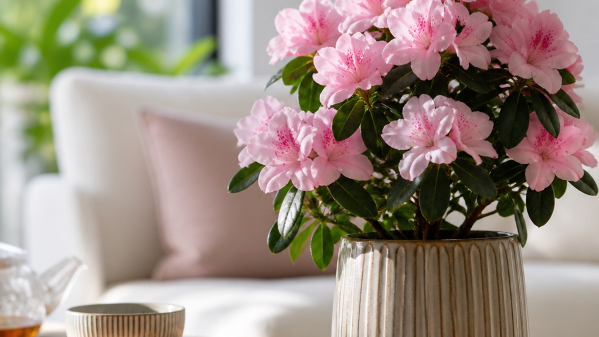 Imagem de plantas florescendo em um vaso decorativo em um apartamento, com luz natural suave iluminando as folhas saudáveis.