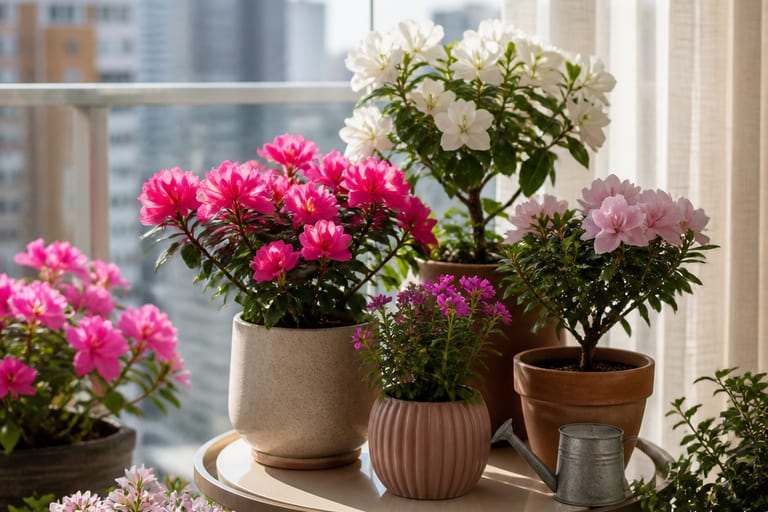 Imagem de várias plantas florescendo em um ambiente de apartamento iluminado por luz natural.