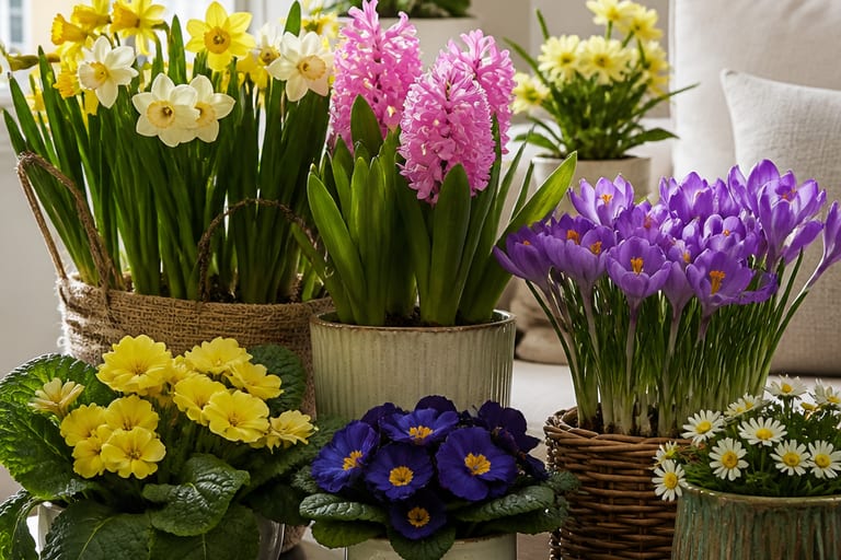 Imagem de várias plantas em flor no ambiente de apartamento, iluminadas por luz natural suave.
