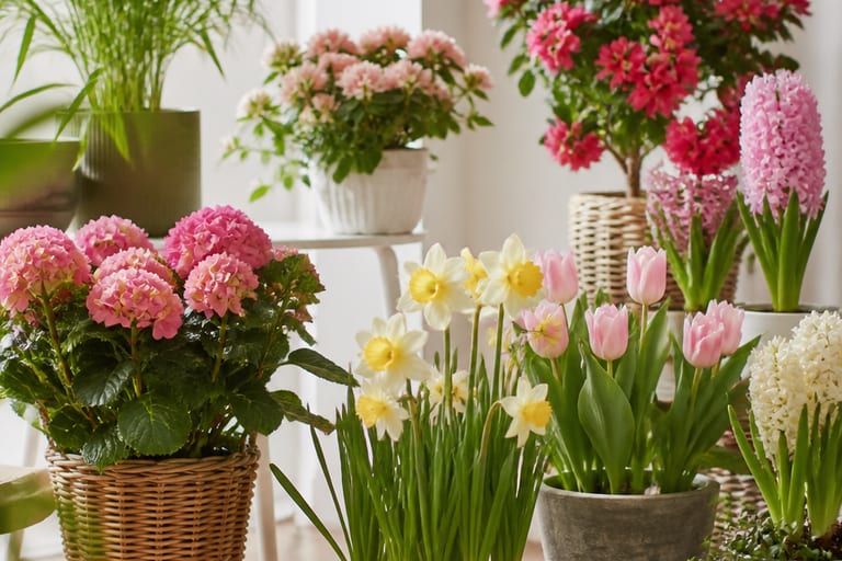 Imagem de várias plantas floridas em um ambiente de apartamento, destacando a beleza das flores na primavera.