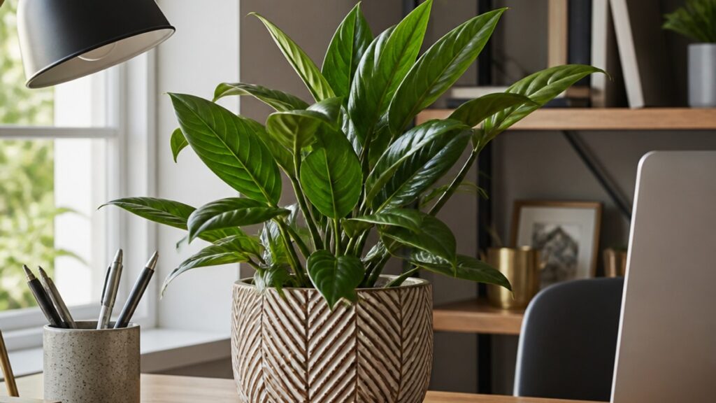 Imagem de uma planta em vaso decorativo em uma mesa de trabalho, com luz natural suave iluminando o ambiente.