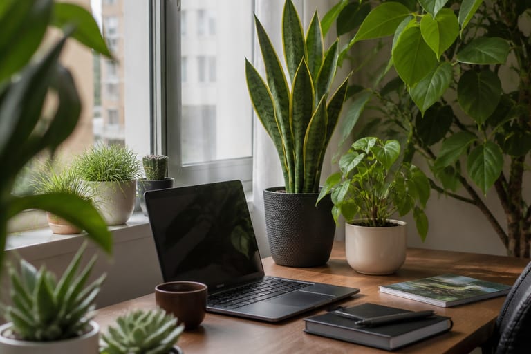 Imagem de plantas em uma mesa de trabalho em ambiente de apartamento, com luz natural suave.