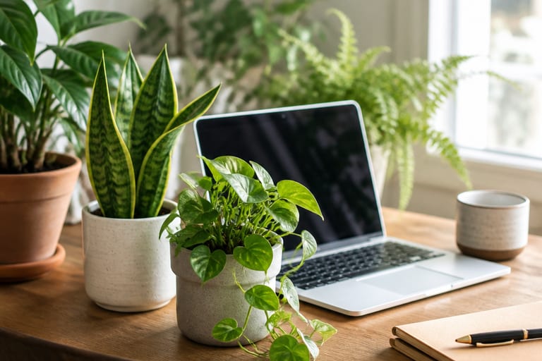 Imagem de plantas em uma mesa de trabalho iluminada por luz natural.