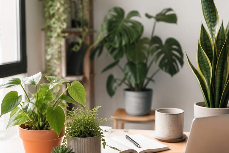 Imagem de plantas em uma mesa de trabalho, destacando opções para ambientes internos.